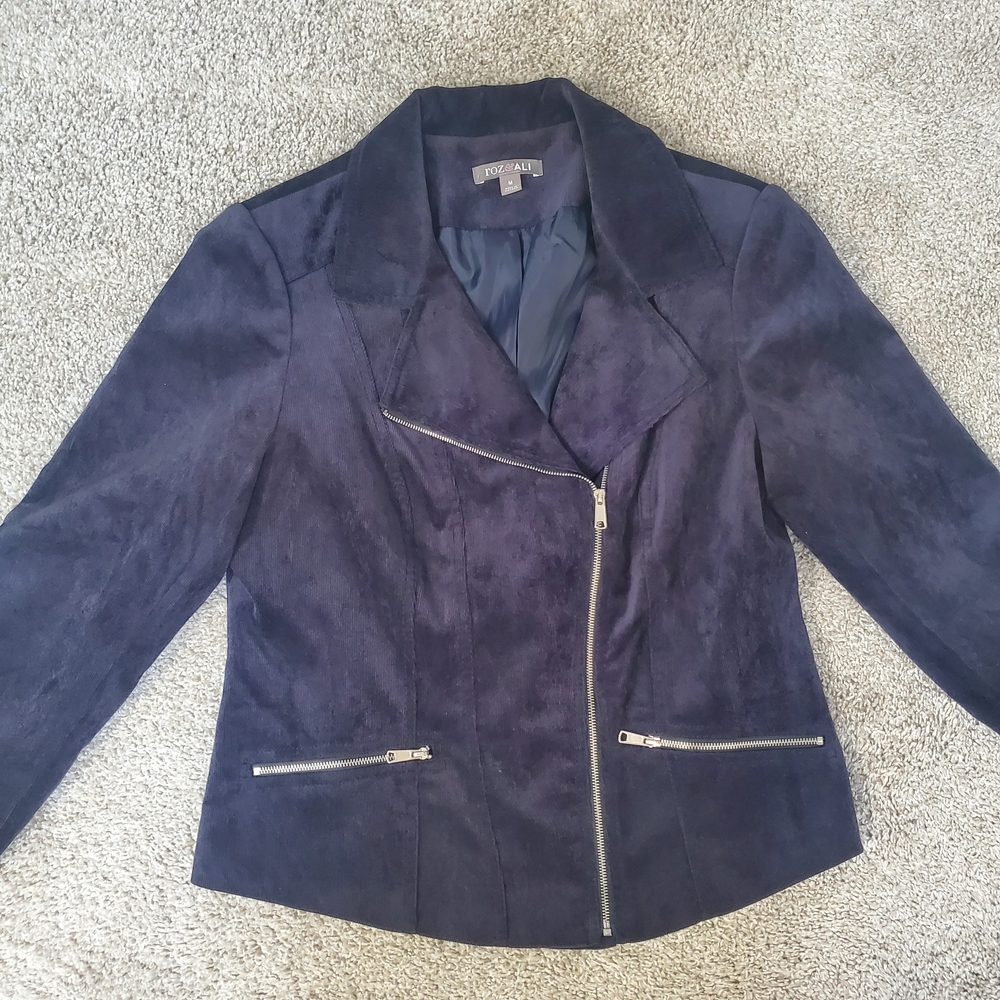 Roz & Ali Navy Blue Faux Suede Moto Jacket Size Medium